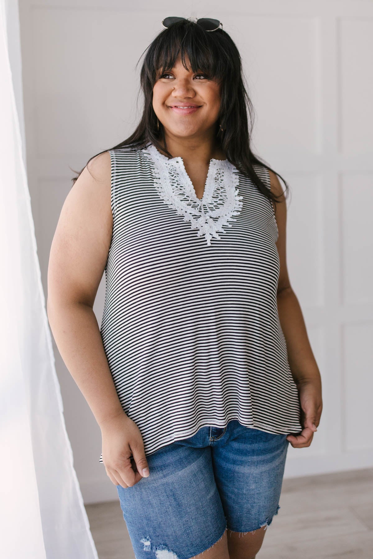 Stripes N Lace Top In Black