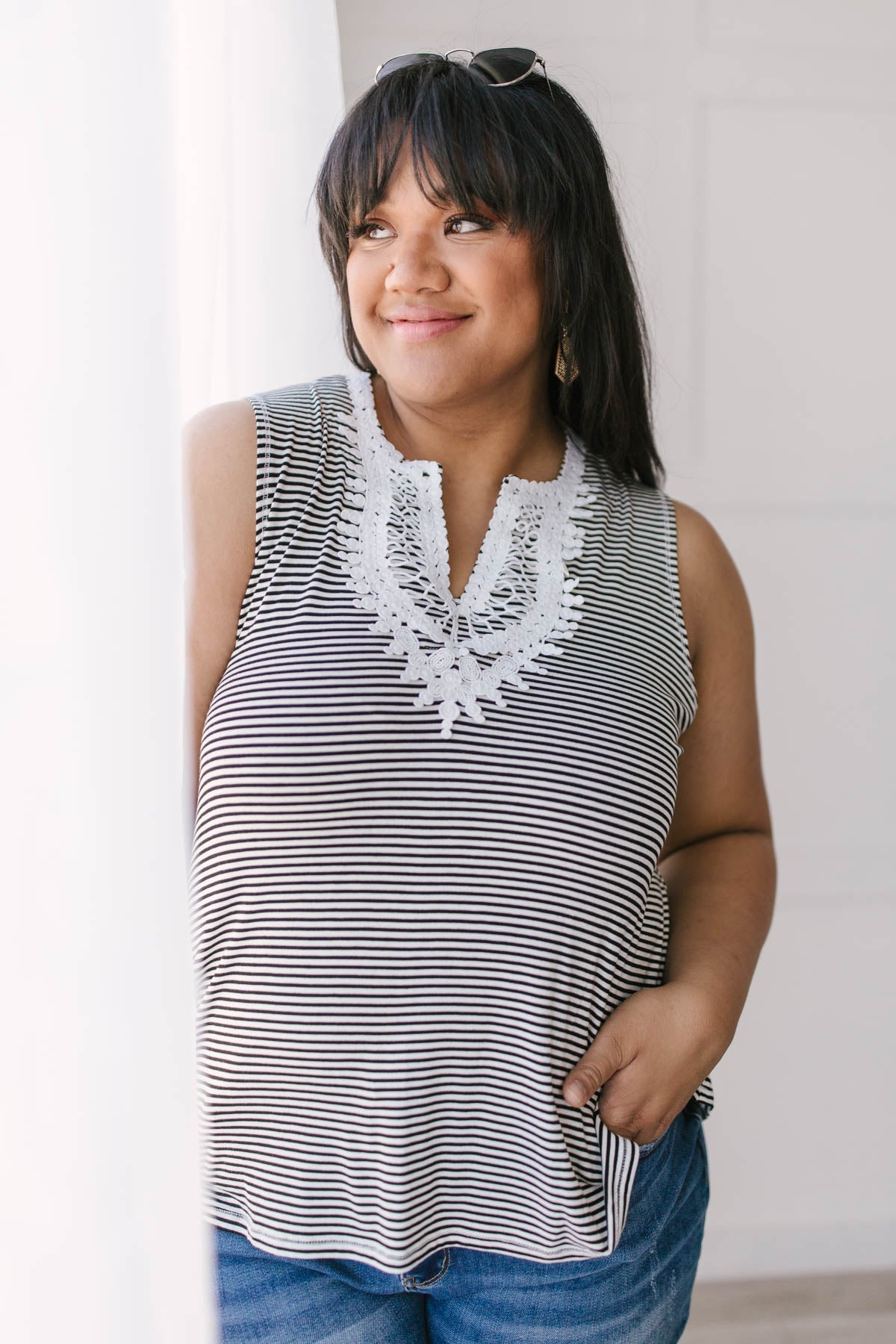 Stripes N Lace Top In Black