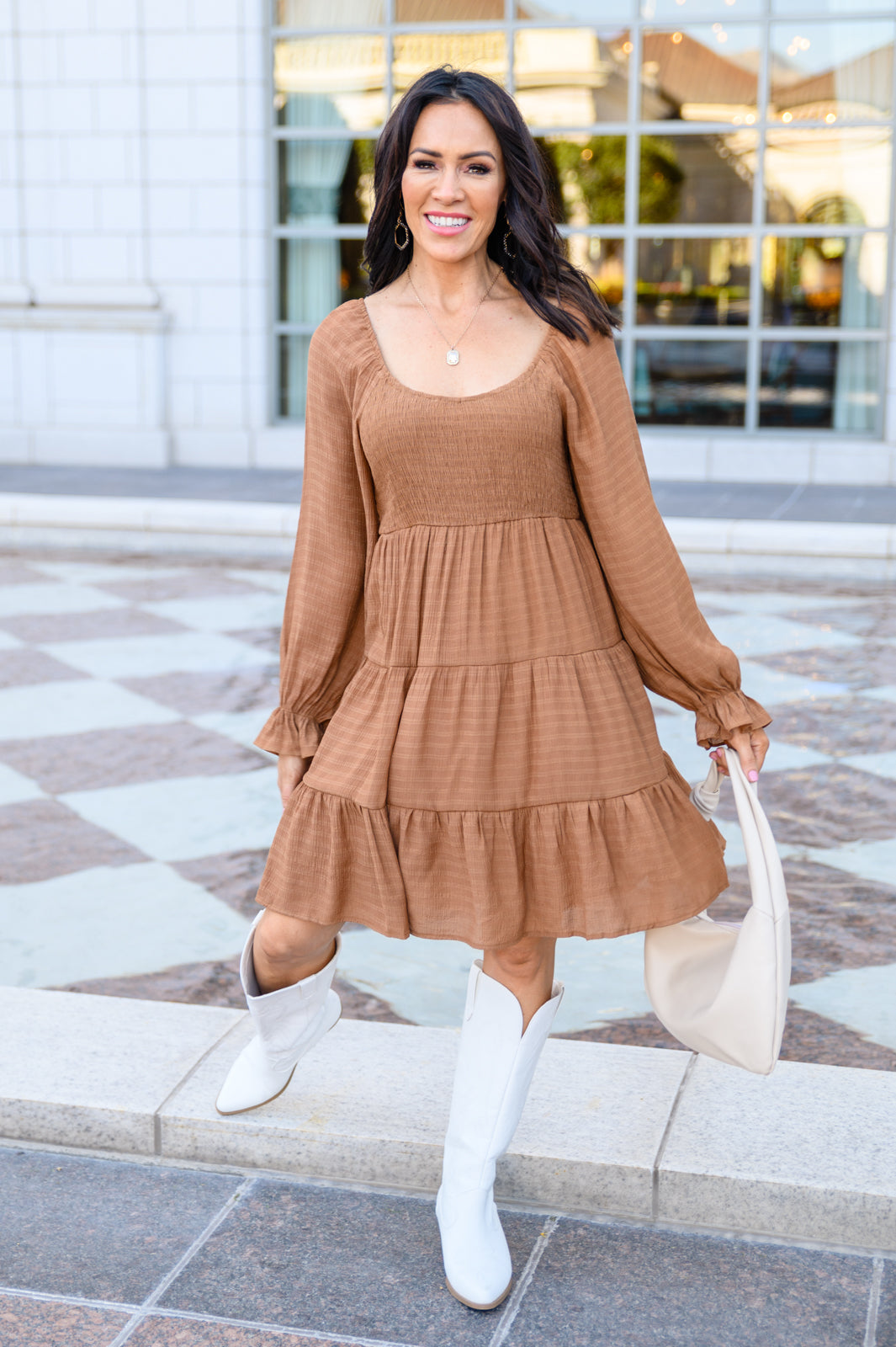 Sweetest Soul Tiered Knee Length Dress In Camel