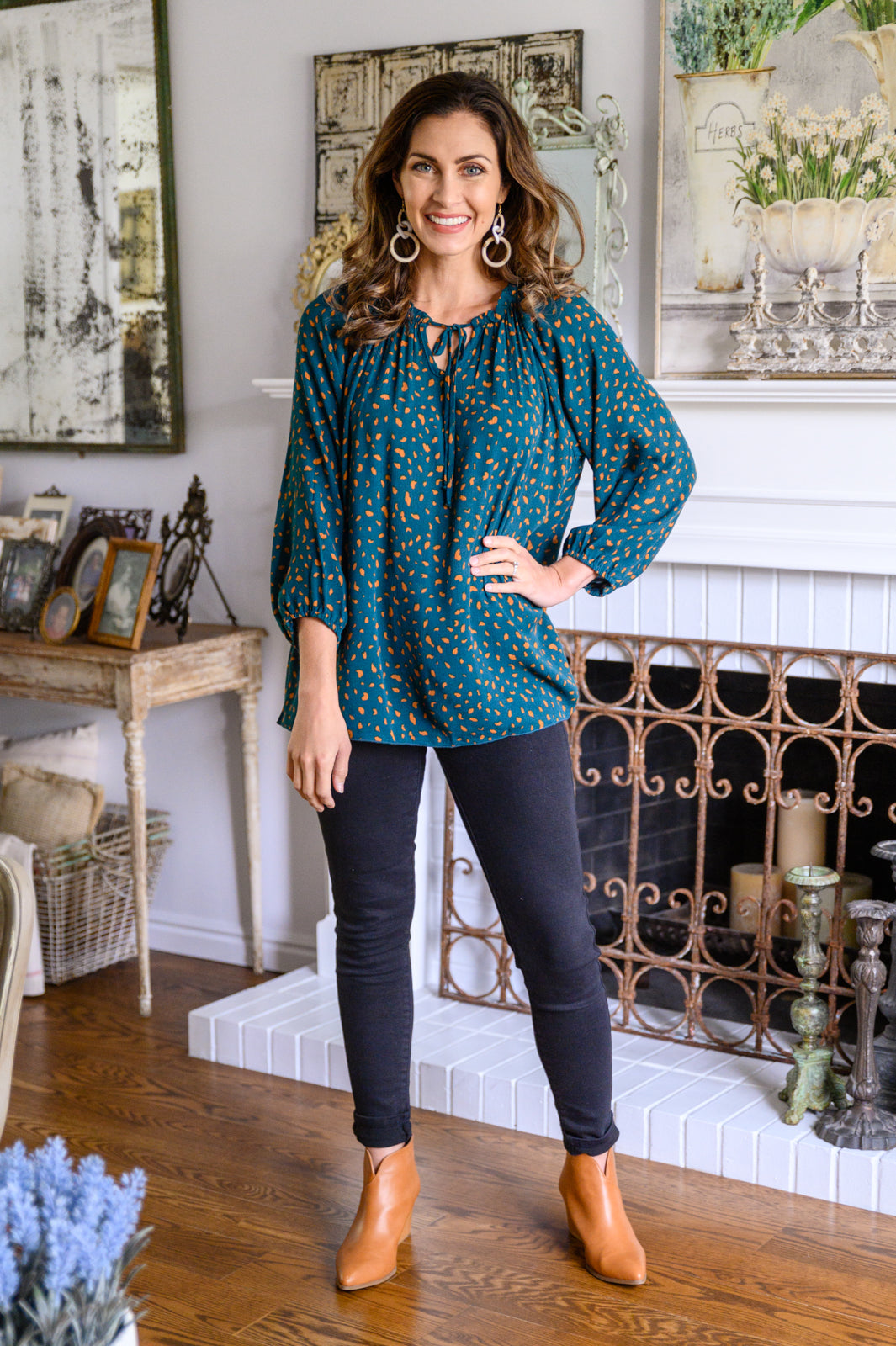 The Time Is Now Spotted Blouse In Teal