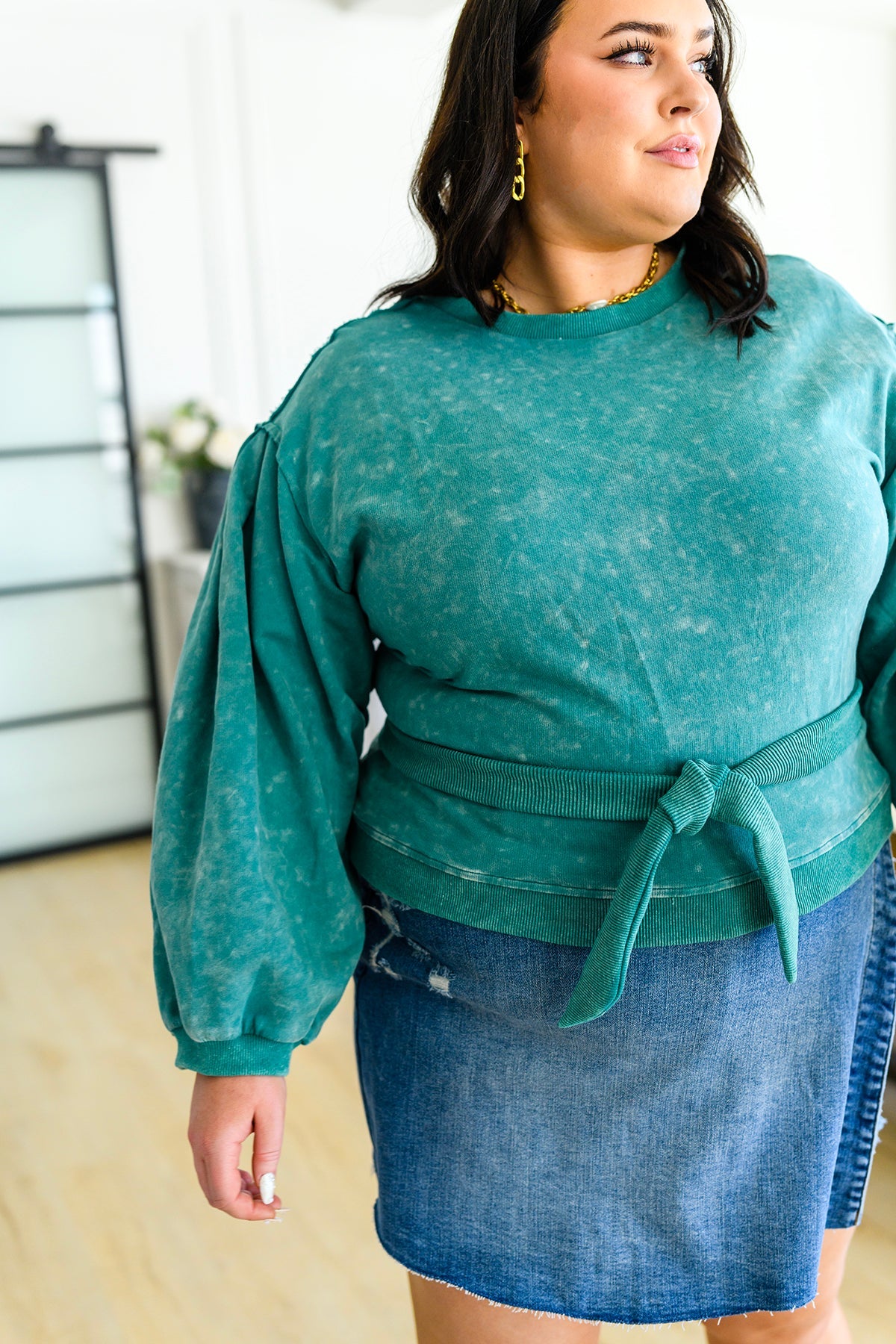 Tied Up In Cuteness Mineral Wash Sweater in Teal