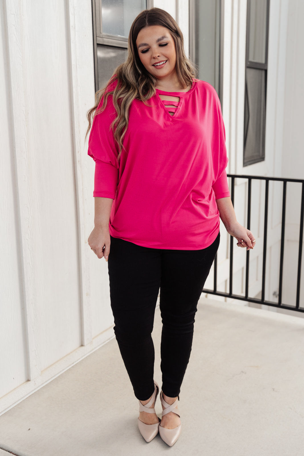 Lovely Ladder V Neck Top in Pink