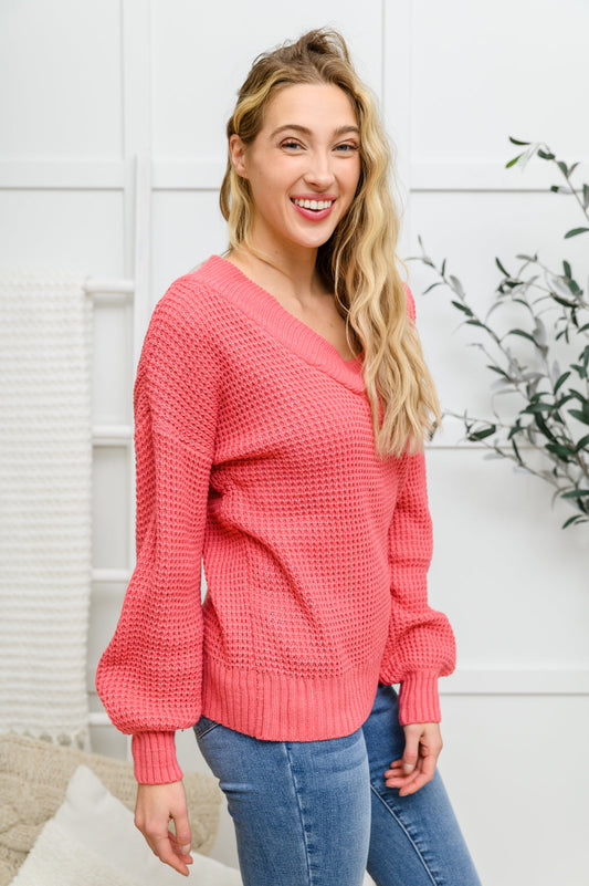 Wide V Neck Waffle Knit Sweater In Rose