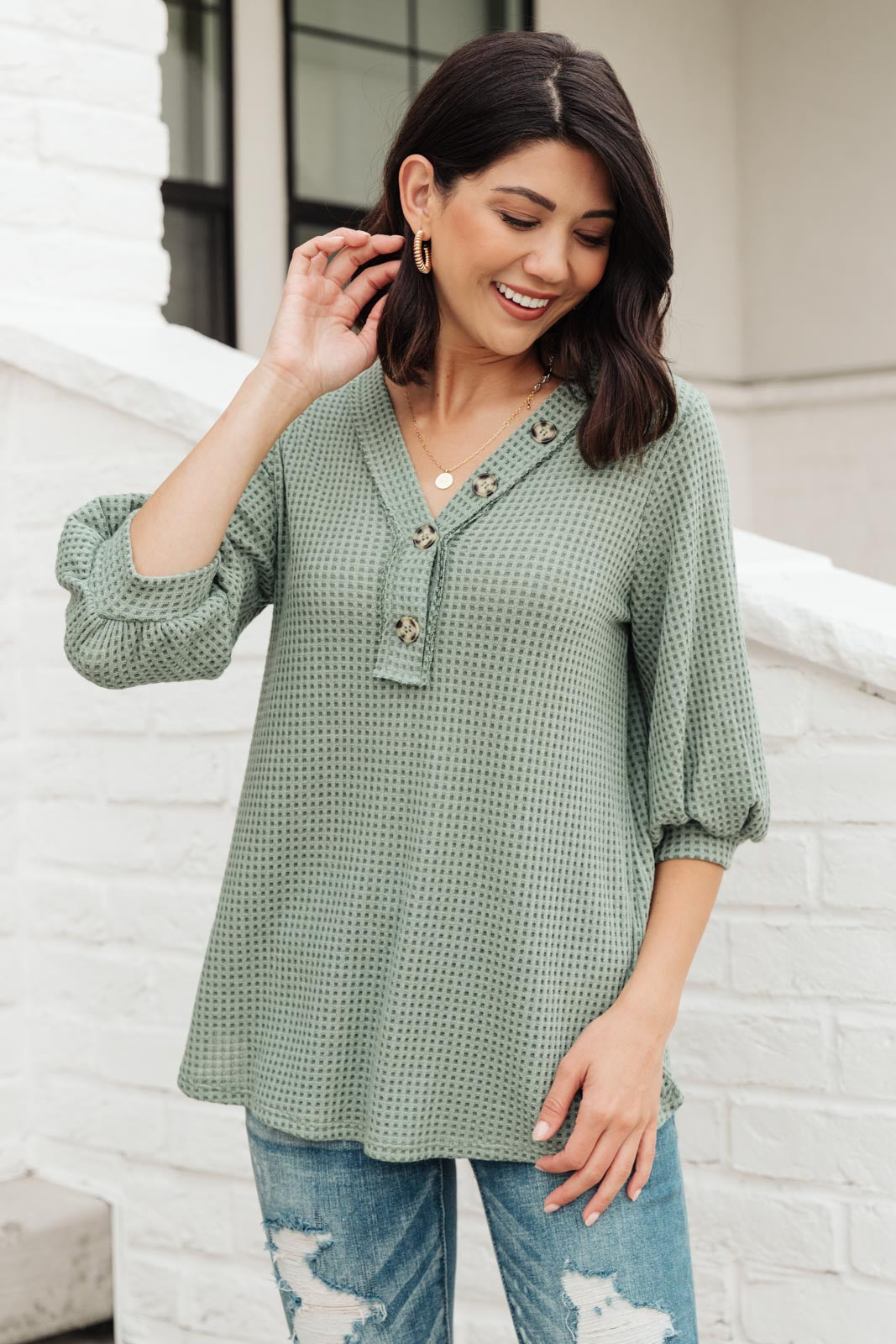 Wonderfully Waffled Top in Sage