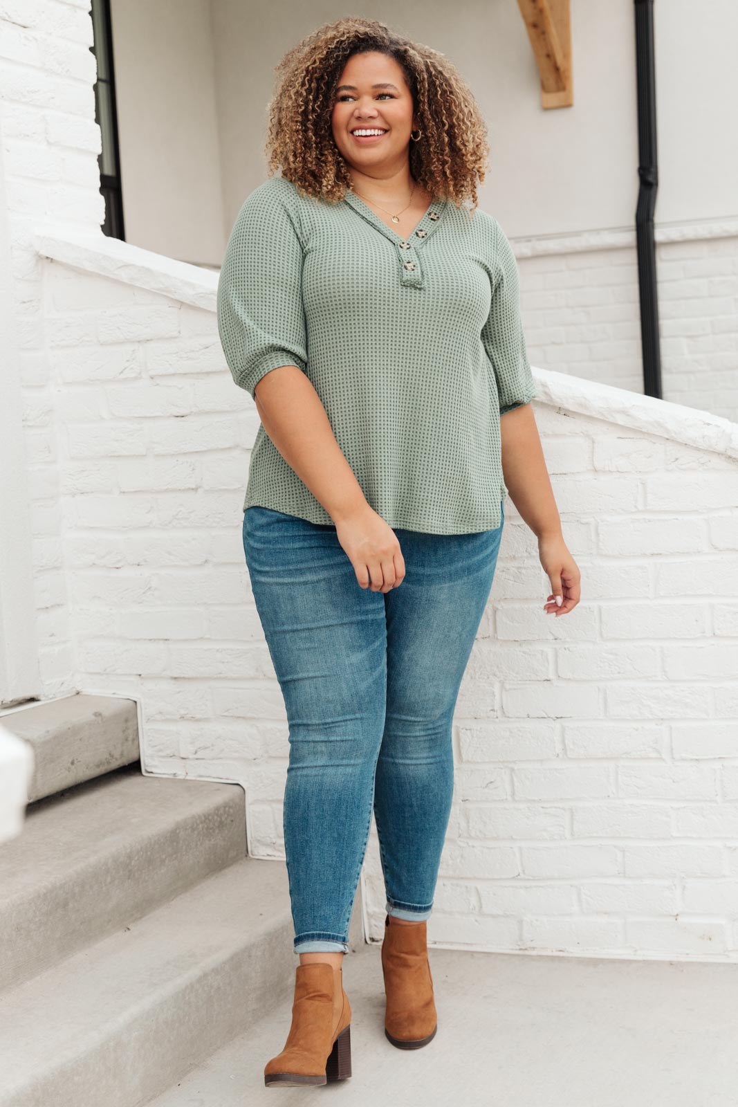 Wonderfully Waffled Top in Sage