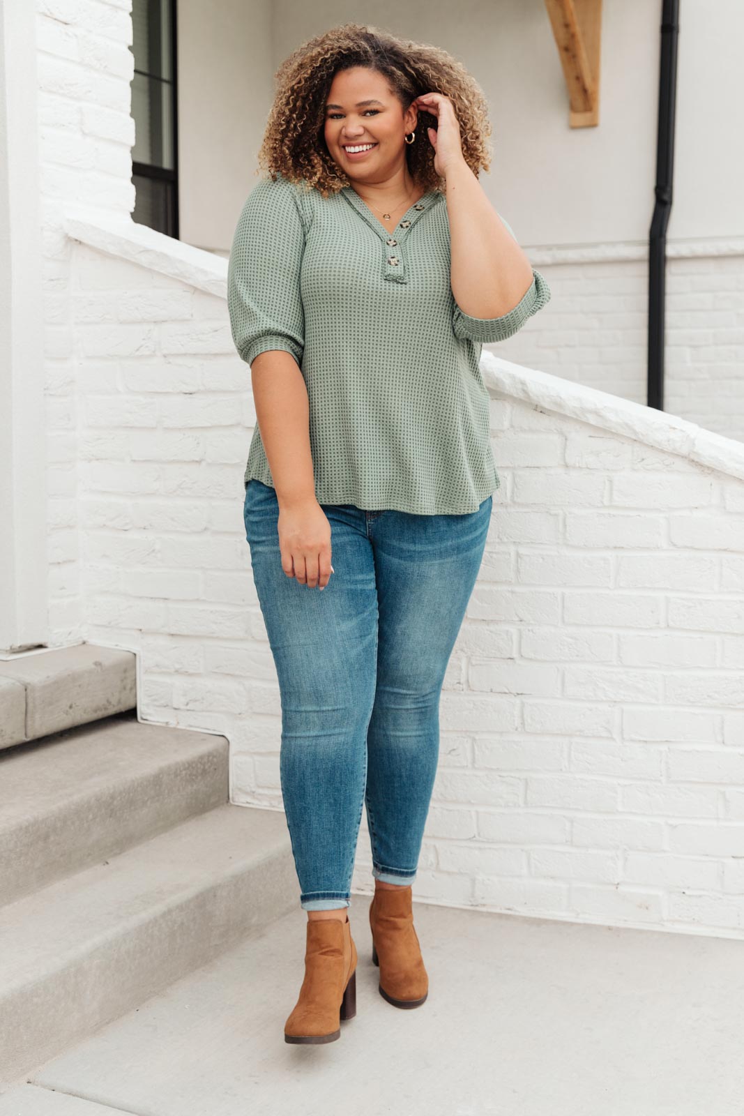 Wonderfully Waffled Top in Sage